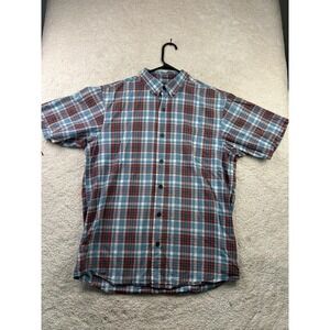 Red Head Shirt Mens Medium Blue Red Plaid Button Down Short Sleeve Outdoor